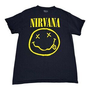 Modern Nirvana Smiley Face Logo Grunge Black Cotton Shirt‎ Men’s Medium